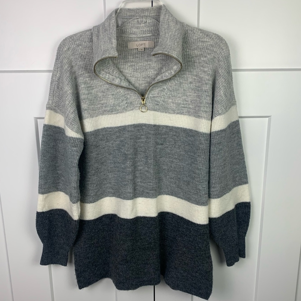 LOFT Gray & White Striped Quarter Zip Tunic Sweater MEDIUM Shawl Preppy Capsule